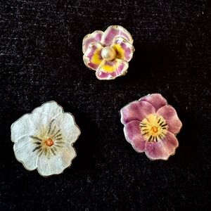 SET OF THREE VINTAGE FLOWER PINS - 2 STERLING & ENAMEL, MINT CONDITION